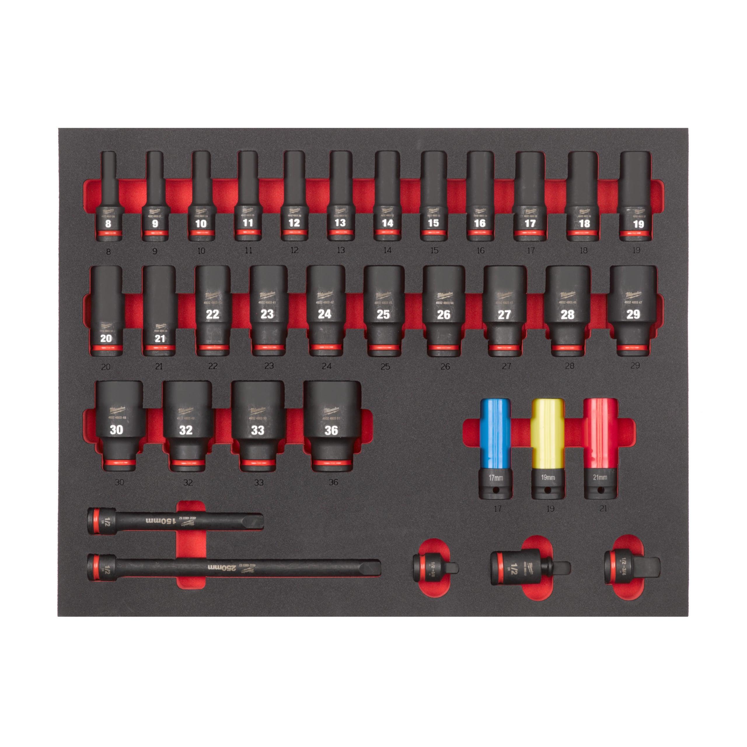 Milwaukee 3/3 Espuma con 34 piezas de vasos de impacto largos 1/2"
